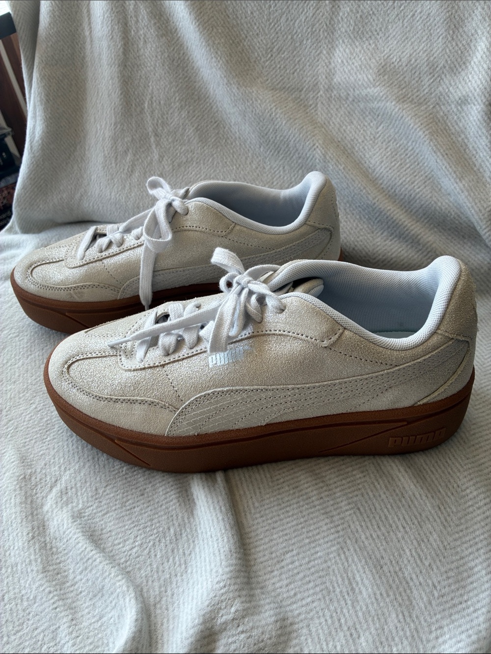 Puma Cream Suede Platform Sneakers with Brown Gum Sole